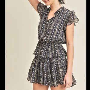 Reset Blue Floral gold glitter short sleeves ruffle mini dress Size S Neck Tie